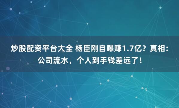 炒股配资平台大全 杨臣刚自曝赚1.7亿？真相：公司流水，个人到手钱差远了！